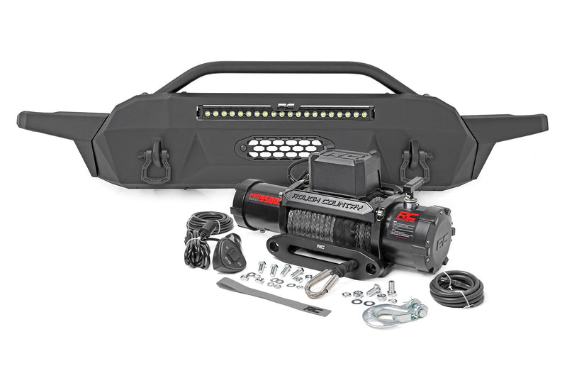 Rough Country Front Bumper | Hybrid | 20" Blk LED | 9500-Lb Winch Syn | Toyota Tacoma (16-23)